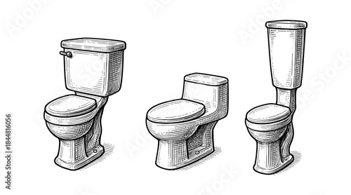Vintage toilet illustrations in a detailed engraved style on white background