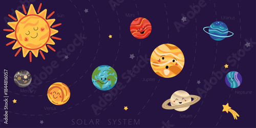Detailed vector illustration of the solar system on a dark cosmic background with planets and stars. Design for educational posters, presentations, textbooks, learning materials.
