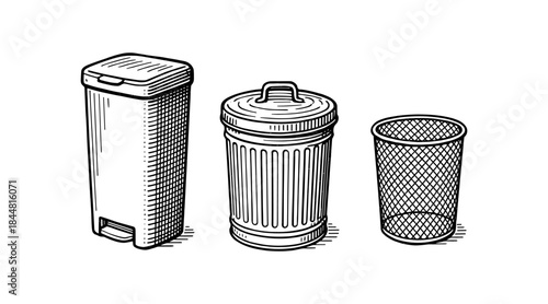 Line art illustration of three different trash cans on a white background
