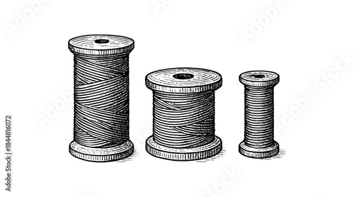 Detailed illustration of three spools of thread in a vintage engraving style