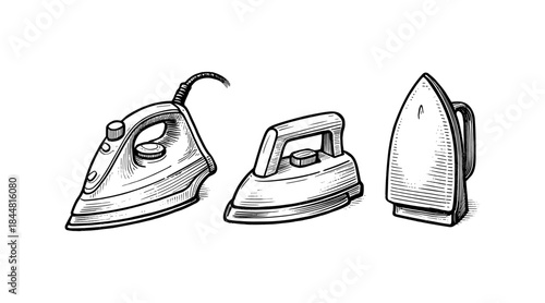 Vintage iron illustrations in a detailed hand-drawn style on a white background