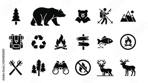 Collection of 17 black and white icons depicting wilderness and outdoor recreation symbols on a plain white background.