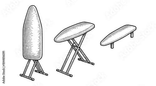 Ironing board set illustration in a classic black and white engraving style