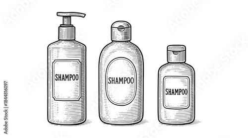 Vintage shampoo bottles illustration in black and white, perfect for retro designs