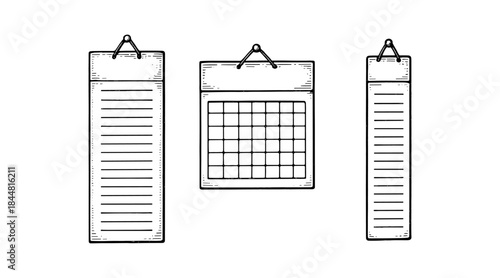 Black and white illustration of a calendar and to-do list hanging on the wall