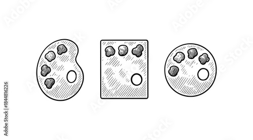 Ink drawing of three different artist paint palettes on a white background