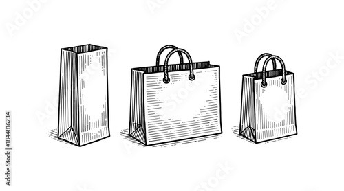 Detailed illustration of shopping bags in a classic engraving style.