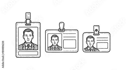 Hand-drawn illustration of employee ID badges with a man's portrait