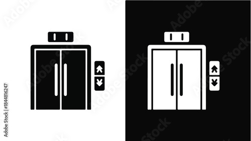Black and white icons of elevator buttons with up and down arrows on either side against a plain white and black background.