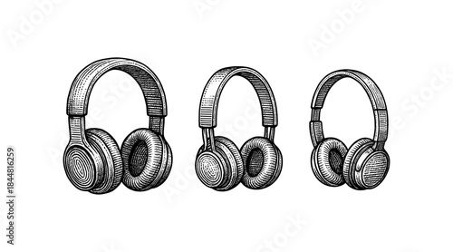 Engraved illustration of three headphones on a white background