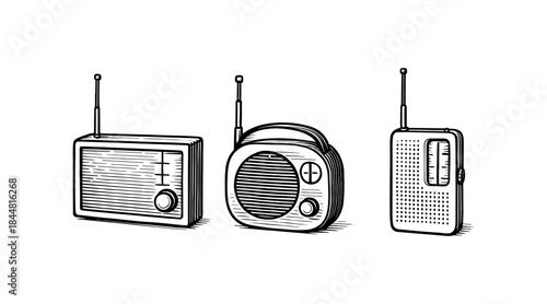 Vintage radio illustrations in a black and white line art style