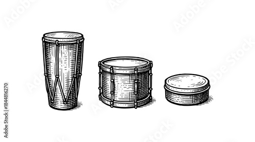 Detailed illustration of three different drums in a black and white style