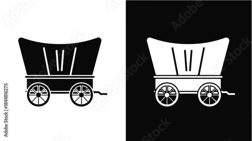 Two covered wagon silhouettes with wooden wheels on white and black backgrounds.