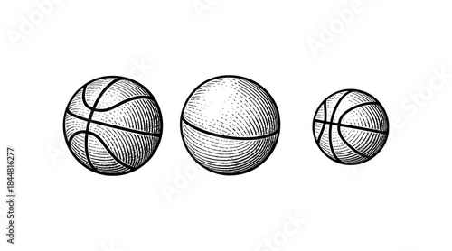 Engraved Basketballs in a Row: Vintage Sports Illustration on White