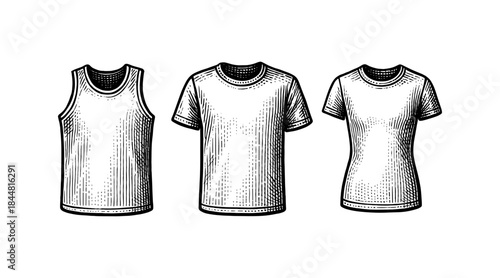 Engraved illustration of various blank t-shirts and a tank top on white background