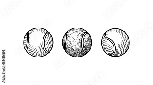 Hand-drawn tennis balls illustration in black and white on a white background