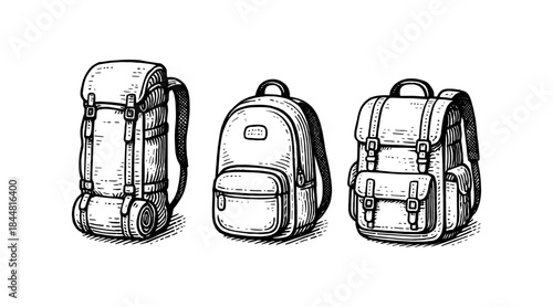 Hand-drawn backpacks illustration in a vintage engraving style on white background