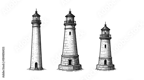 Detailed illustration of three vintage lighthouses in a classic engraving style