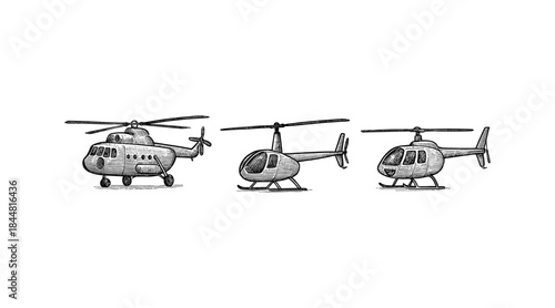 Hand-drawn helicopter illustrations in black and white on a white background