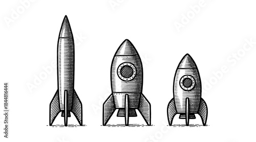 Vintage Rocket Ship Illustrations in Black and White on a White Background