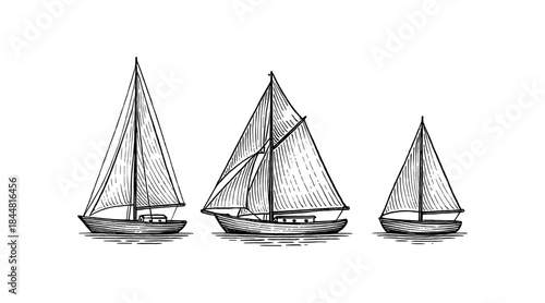Hand-drawn sailboats illustration in black and white, perfect for nautical themes