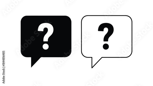 Two speech bubbles with question marks on a white background, one black and one outlined in black.