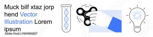 Science innovation, creativity, laboratory analysis, problem-solving, testing processes, productivity ideas. Laboratory DNA test tube, hand holding a spinner lightbulb with cogwheel inside. Science