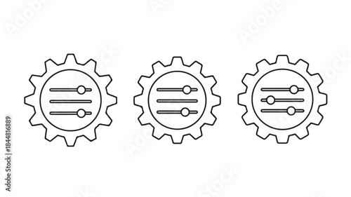 Line drawing of three gear icons with wrenches and lines on a white background.