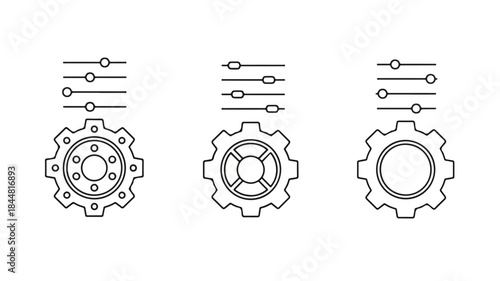 Line drawing of three interlocking gear icons with lines and circles on a white background.