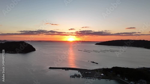 Hikizu Bay, Itoshima, Fukuoka, Japan Coastline in Autumn: 4K Aerial Drone Footage of Rural Beach at sunset, Islands, Calm Ocean, Mountain Silhouettes and Scenic Coastal Landscape