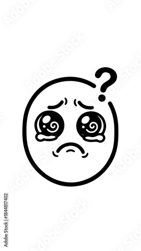 Black and white cute vector sticker of human facial expression, kawaii style, sad and confused emotion, rounded shapes, bold clean outline, flat design, minimal detail, thick sticker border