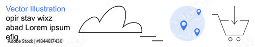 Cloud computing, online shopping, navigation, technology services, data storage, business operations. Minimalist line art icons of a cloud, map markers and shopping cart. Cloud computing and online