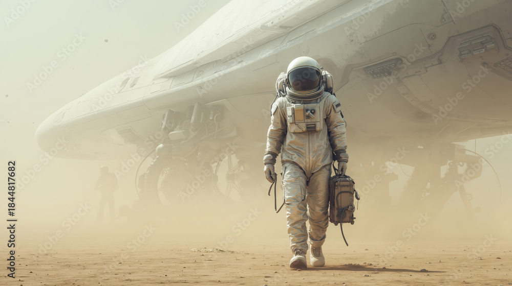 Obraz premium Astronaut walks on alien desert planet with spaceship and sandy dust in background