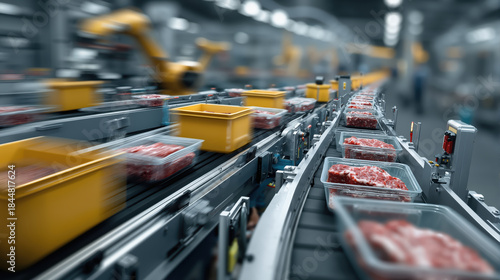 Automated food processing plant with conveyor and robotic arms handling meat packaging