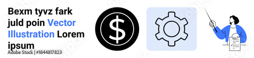 Dollar sign emphasizing finance, gear icon symbolizing settings, and a professional woman explaining from a report. Ideal for business, finance, learning, collaboration, functionality, education