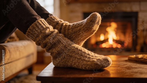 Cozy feet in warm knitted socks relaxing by the fireplace  