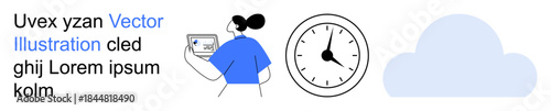 Time management, online services, digital tools, productivity, cloud storage, networking. Woman with a laptop, clock and cloud symbol. Time management and online services concept