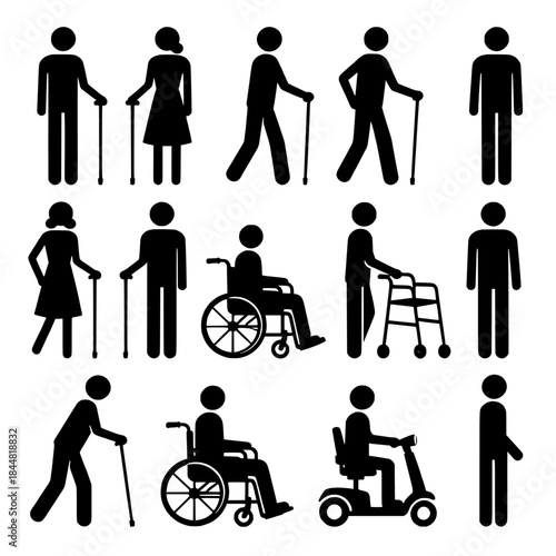 Diverse group of people using mobility aids: canes, walkers, wheelchairs and a scooter