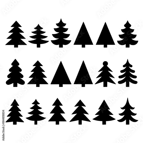 Monochrome pine tree silhouettes arranged in a neat, repetitive forest pattern
