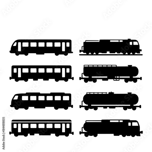 Diverse Train Silhouettes: Steam Engine, Diesel Locomotives and Passenger Cars