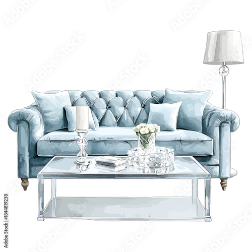 Elegant Light Blue Velvet Tufted Sofa Set with Glass Coffee Table and Lamp Vector
