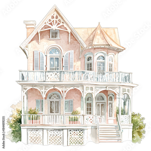 Charming Pink Victorian House with Ornate Balconies and Shutters Vector Illustration
