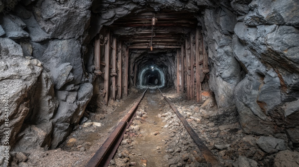 Obraz premium A view inside an abandoned mine showing metal tracks running along the ground. The tunnel walls are rocky and dark with dim light at the far end.