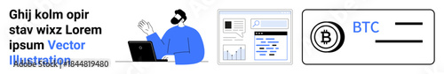 Financial technology, blockchain, cryptocurrency transactions, data analytics, digital payments, fintech. A person at a desk with graphs and a BTC payment icon. Blockchain and cryptocurrency