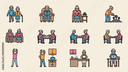 Set of icons representing various daily activities and hobbies of elderly people and seniors, including walking, reading, gardening, playing games, exercising, and using technology