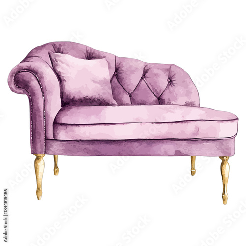 Elegant Purple Velvet Chaise Lounge with Gold Legs and Accent Pillow Vector
