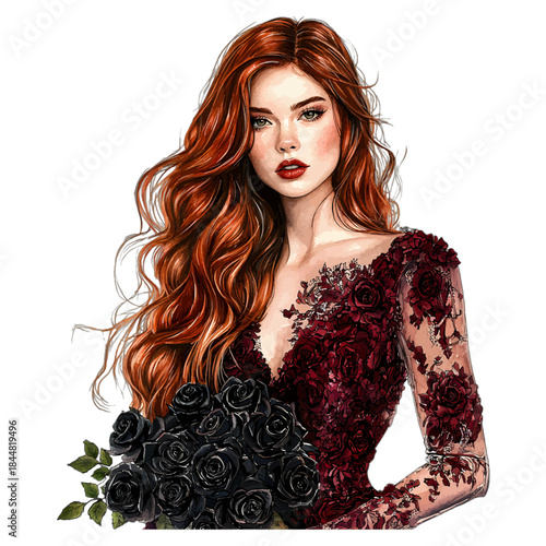 Beautiful Red-Haired Woman in Burgundy Dress Holding Black Roses Vector Illustration
