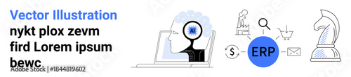 Business planning, AI technology, automation systems, strategic decision-making, ERP software, digital transformation. Abstract visual of AI in a head beside ERP and strategy icons. Business planning