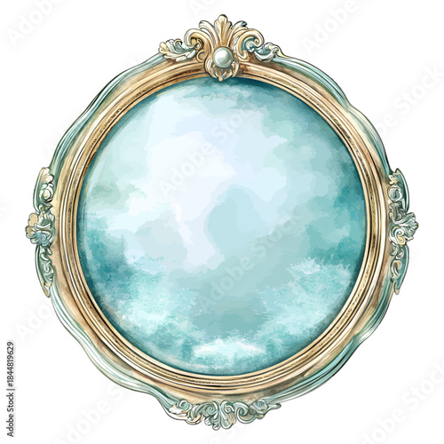 Vintage Ornate Round Mirror with Golden Frame and Blue Reflection Vector Illustration
