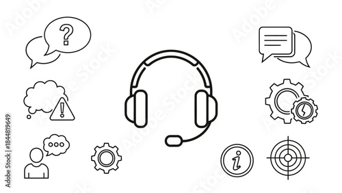 Customer support and service icons set headset, question mark, chat bubbles, warning, settings, information, and target
